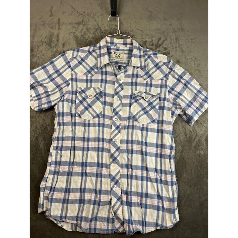 American Living Blue Plaid Mens Pearl snap Shirt Long Sleeve Western Size‎ L